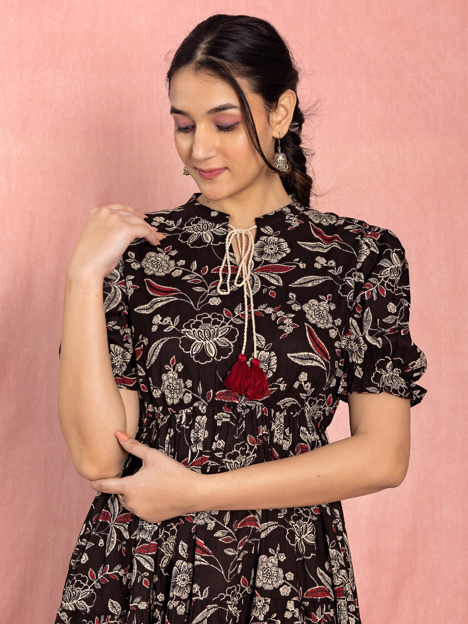 Black Cotton Floral Printed Flared Dress